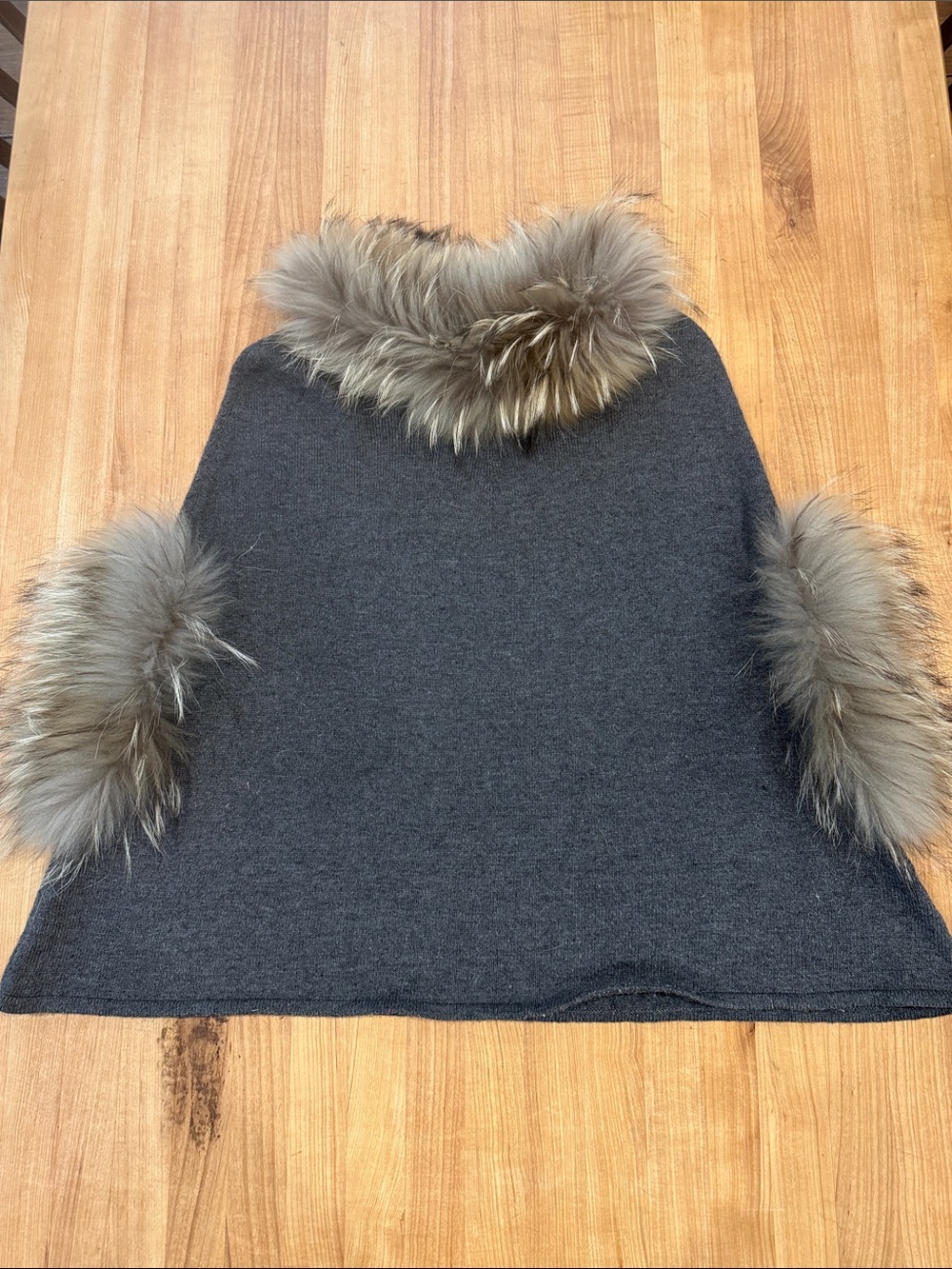 Charcoal Gray Women's Sweater with Real Fur Trim